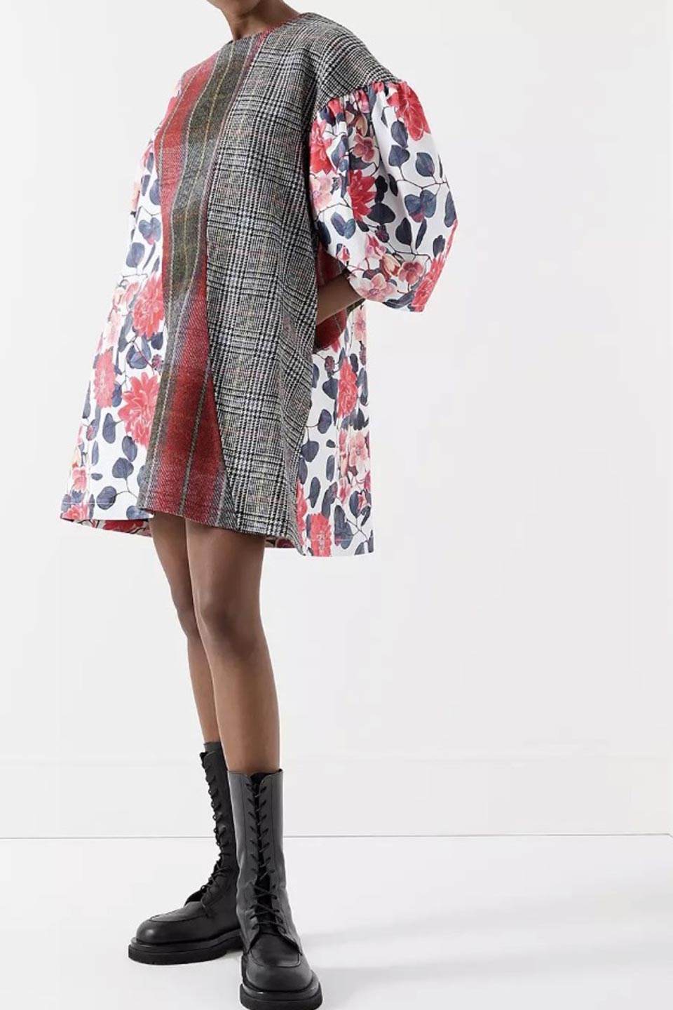 Tweed and Floral Dress [Grey]