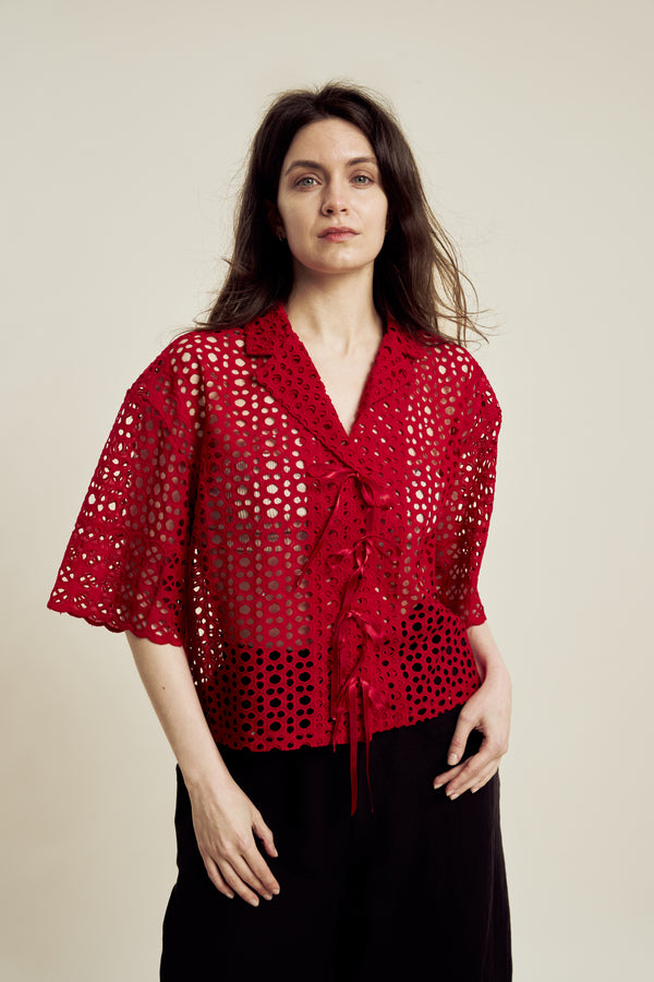 ROSIE - LACE CAMP SHIRT | RED - PRE-ORDER