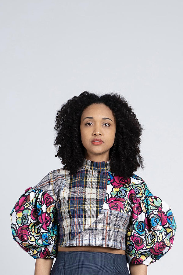 Tweed and Floral Cropped Top